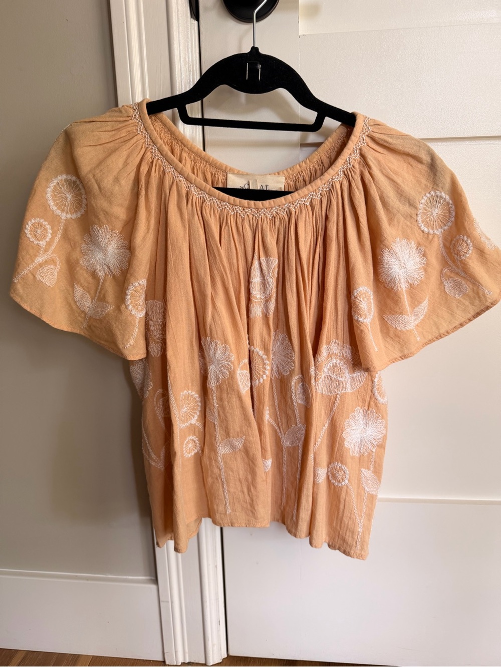 THE GREAT. Peach Embroidered Peasant Blouse